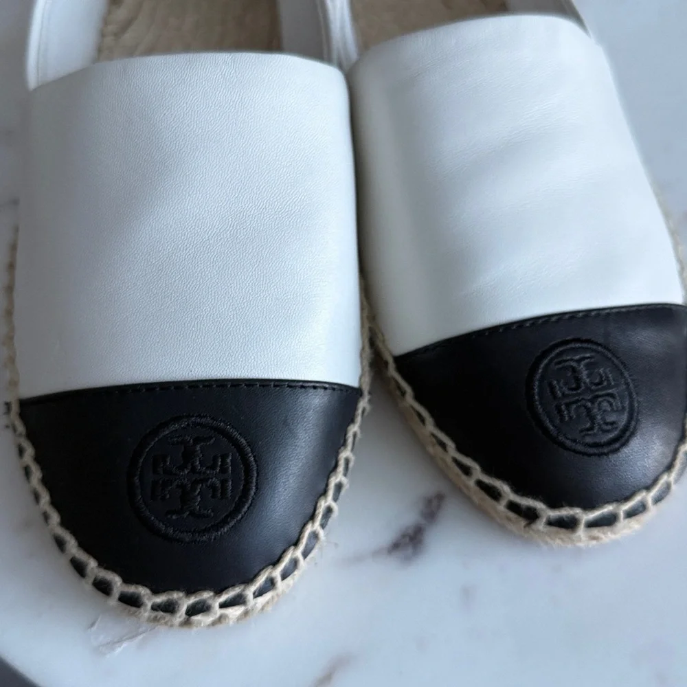 Tory Burch White Leather Espadrilles with Black Toe Cap